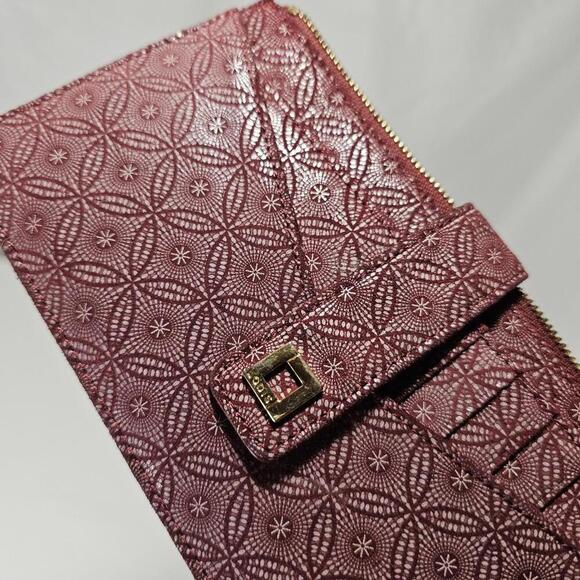LODIS Wallet Red / Maroon Pattern Suede  Leather Slim Womans Credit Card - Picture 1 of 9